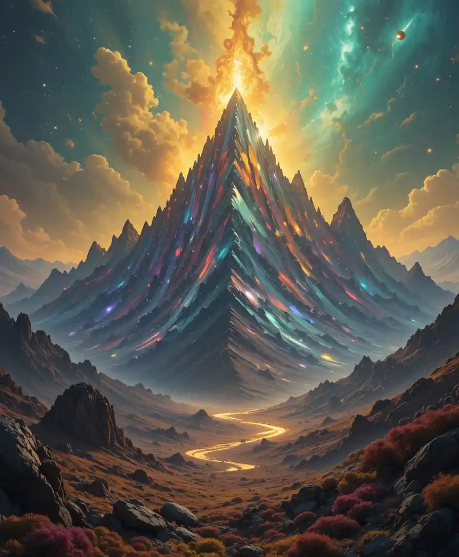 Vette di montagne olografiche che si innalzano in una luminosa nebulosa cosmica