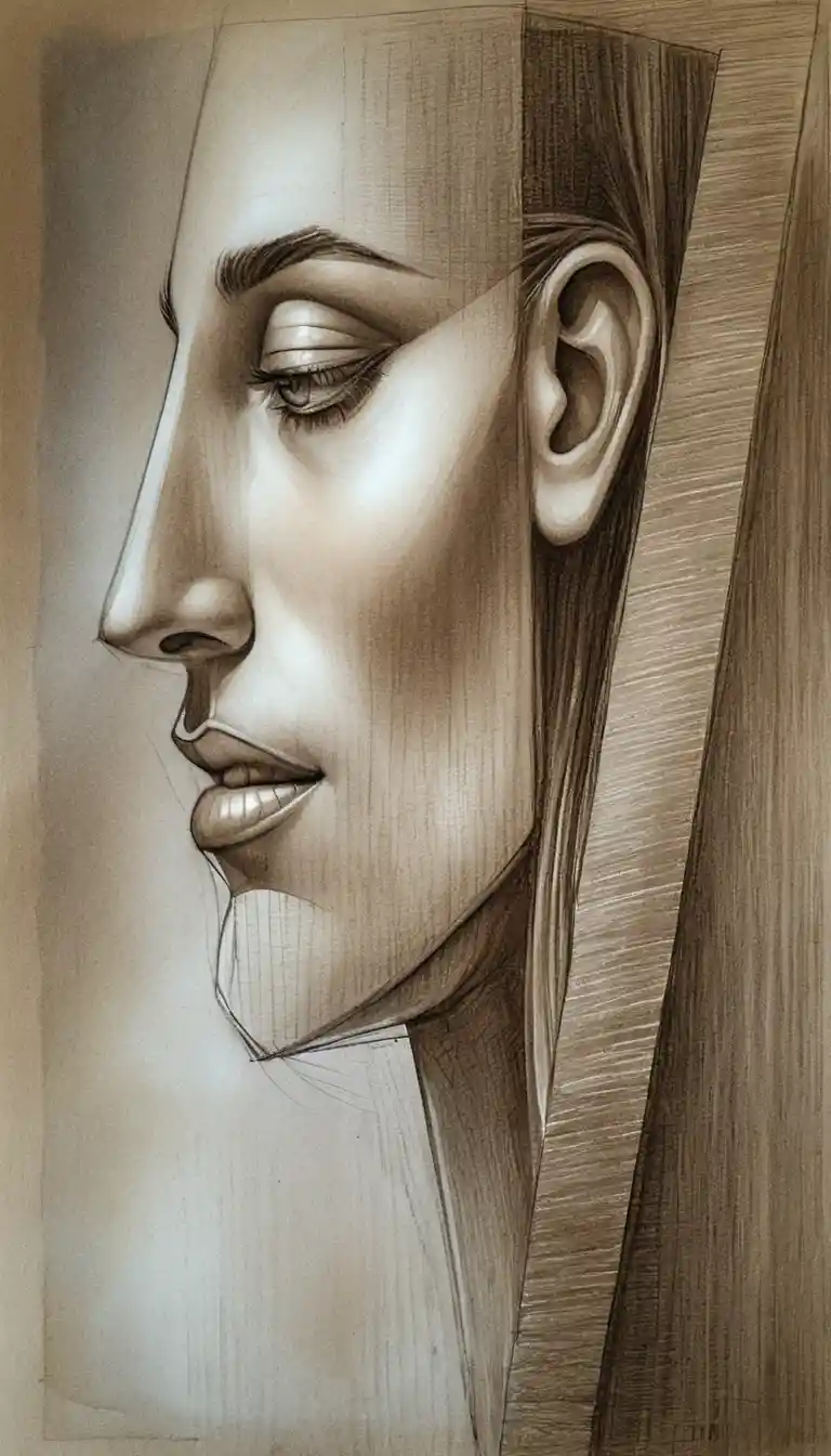 Ritratto di profilo a grafite e carboncino ispirato al cubismo