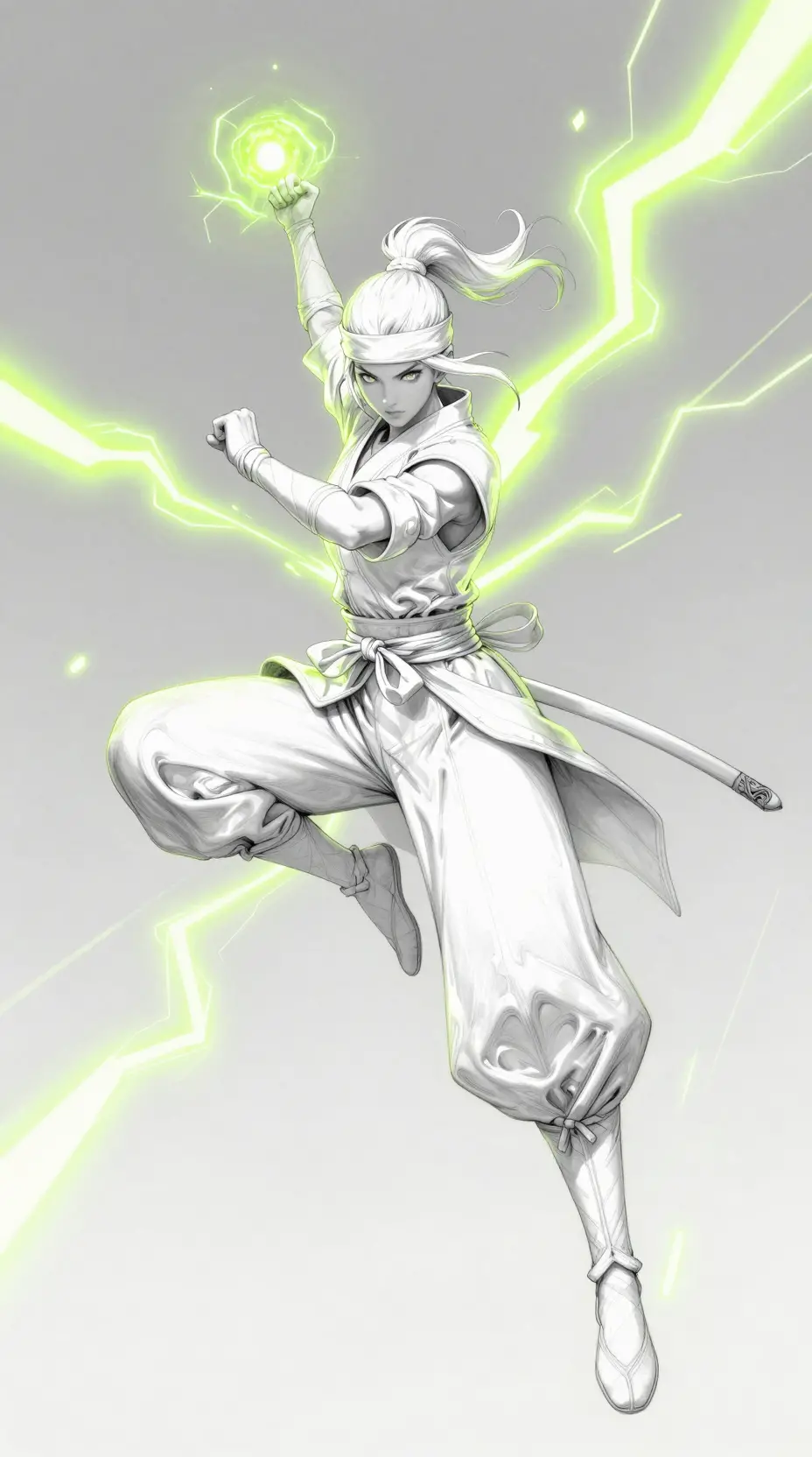 White clad ninja woman leaping with neon electric lightning