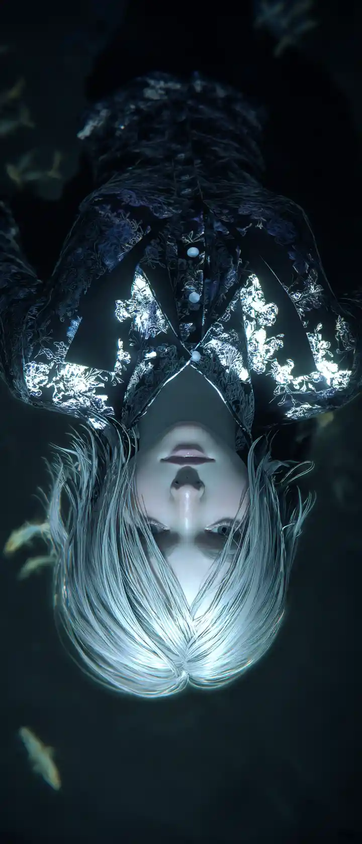 Ethereal anime woman glowing softly in dark water