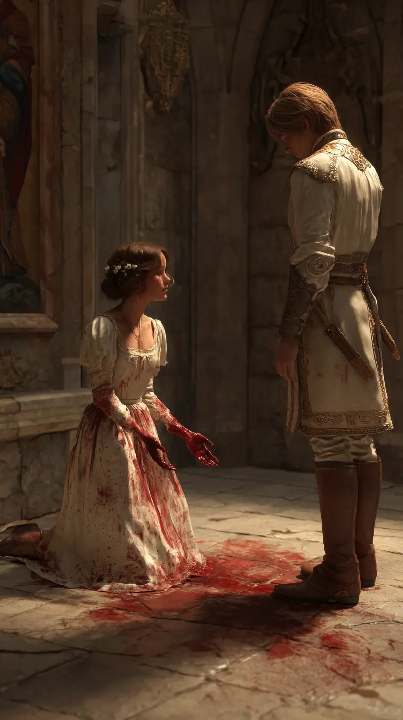 Chica llorando con vestido se arrodilla ante un príncipe indiferente