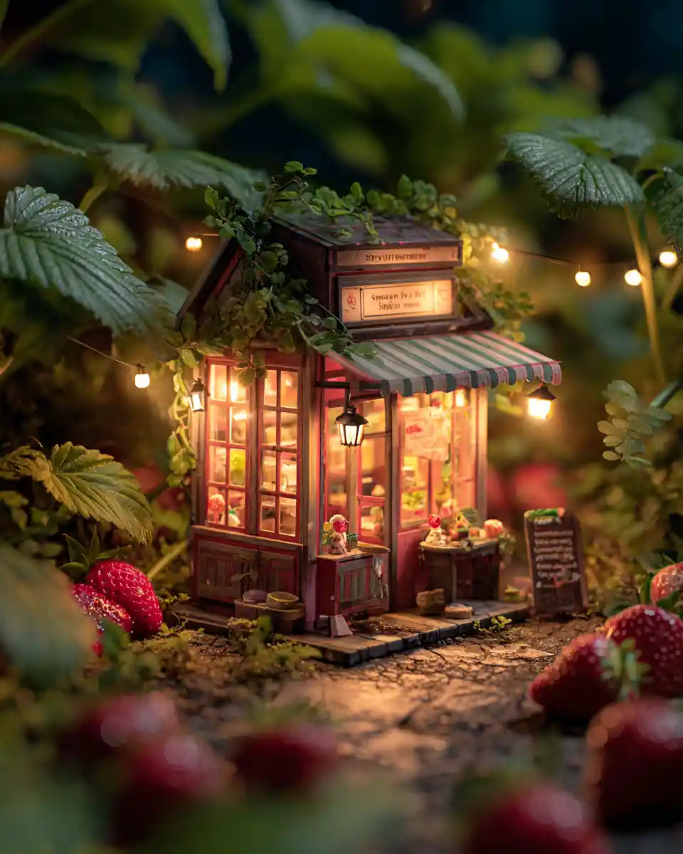 たそがれにやわらかく輝く小さないちごカフェ