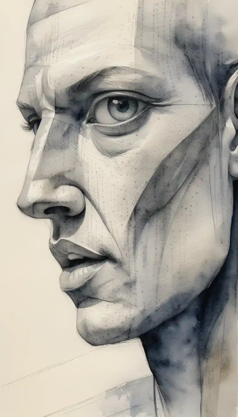 Cubist inspired graphite and charcoal architectural profile portrait