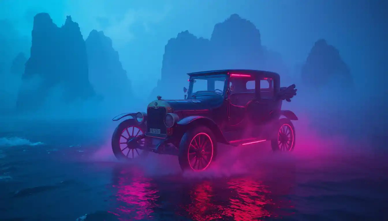Schwebendes Neonauto über einem nebligen Ozean in der Nacht