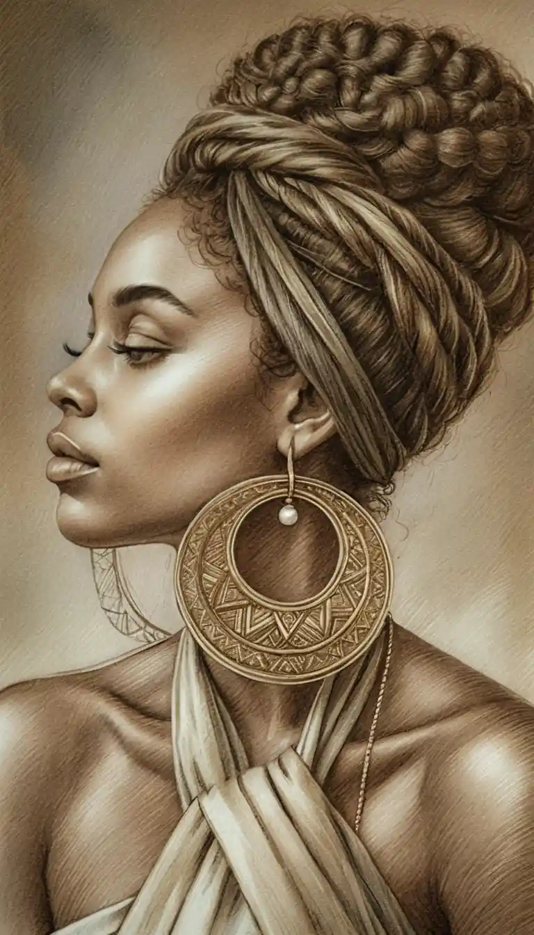 Sepia profile portrait of a young woman with braided updo