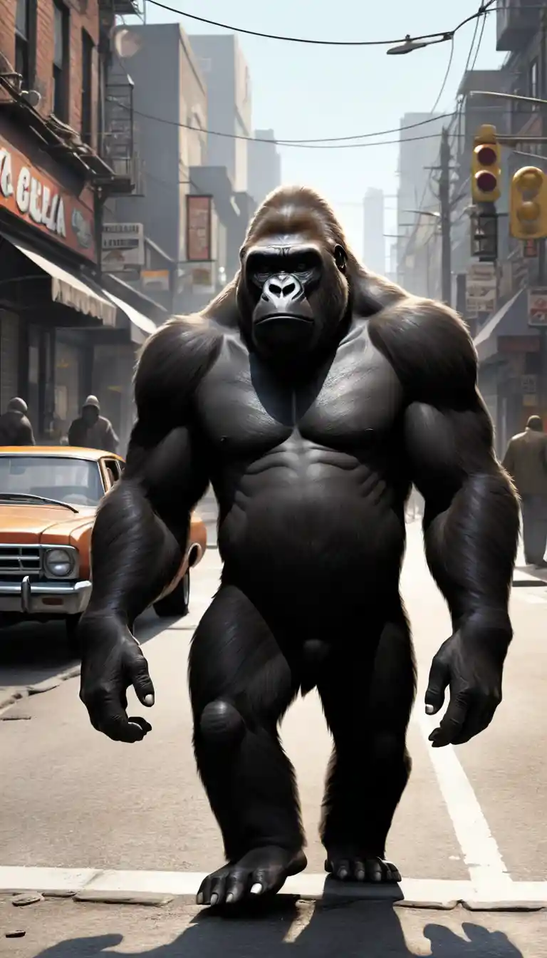 Gorilla compiaciuto in stile anni '70 che sfila per le strade della città
