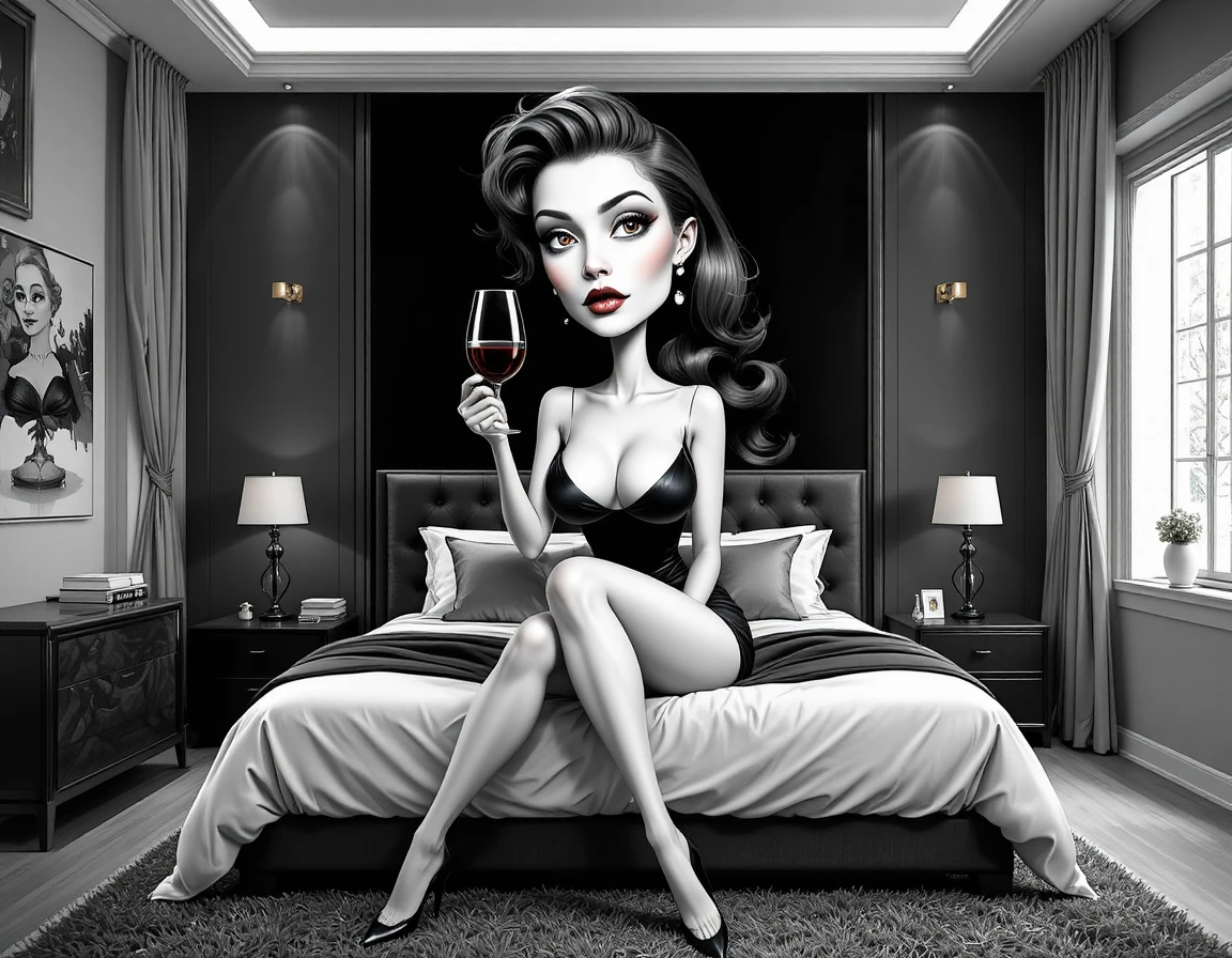 Mulher sensual em preto e branco na cama com taça de vinho