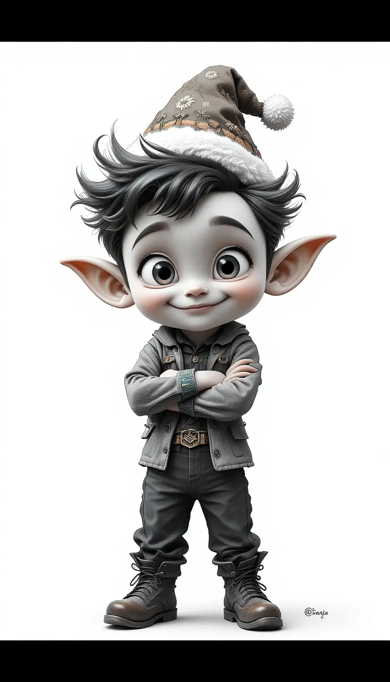 Tierno duende caricaturesco con traje festivo y pose confiada