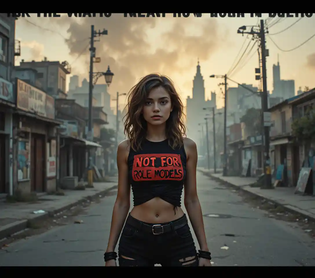 Defiant young woman on a hazy graffiti city street