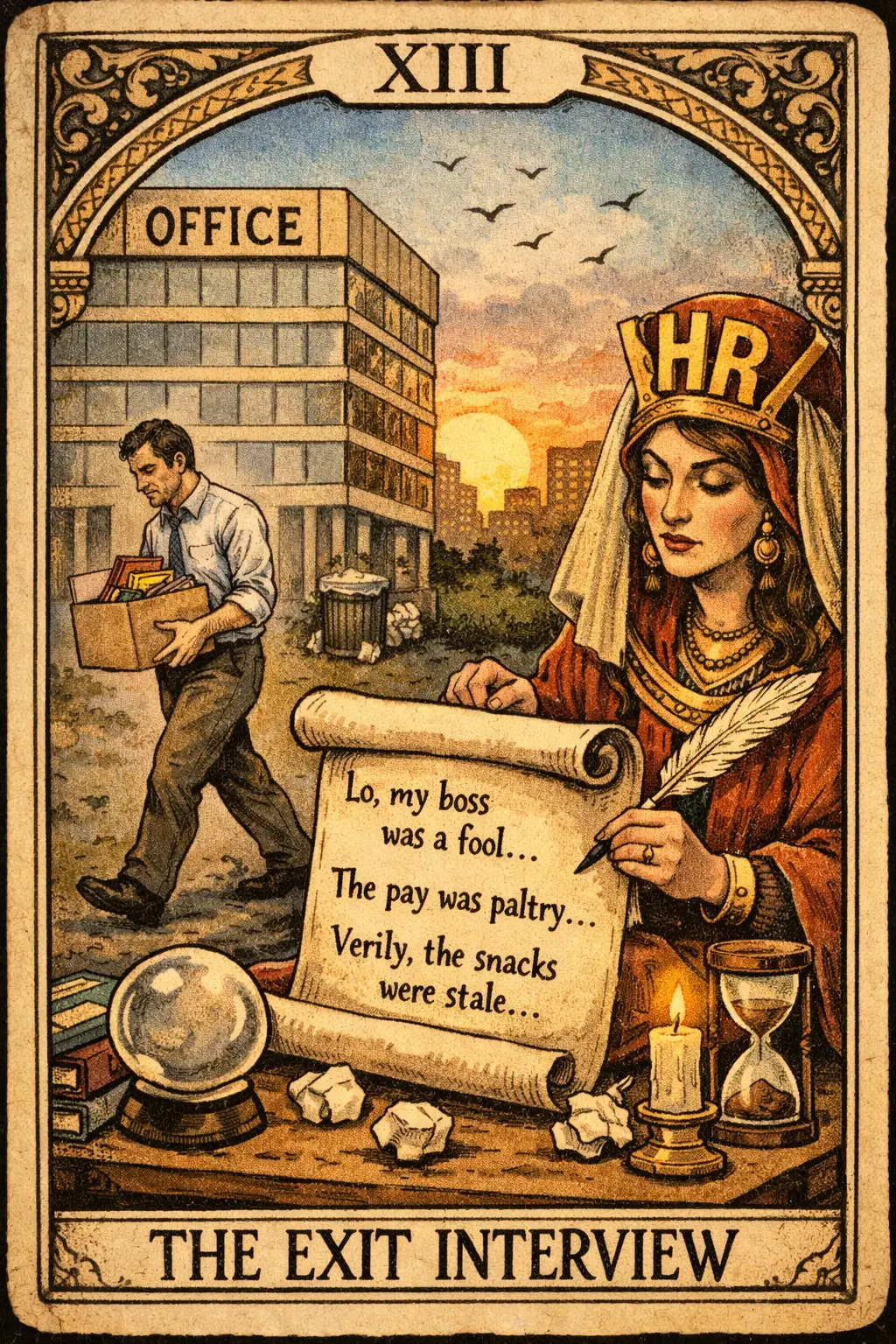 Empleado de oficina saliendo del edificio en ilustración de tarot satírico