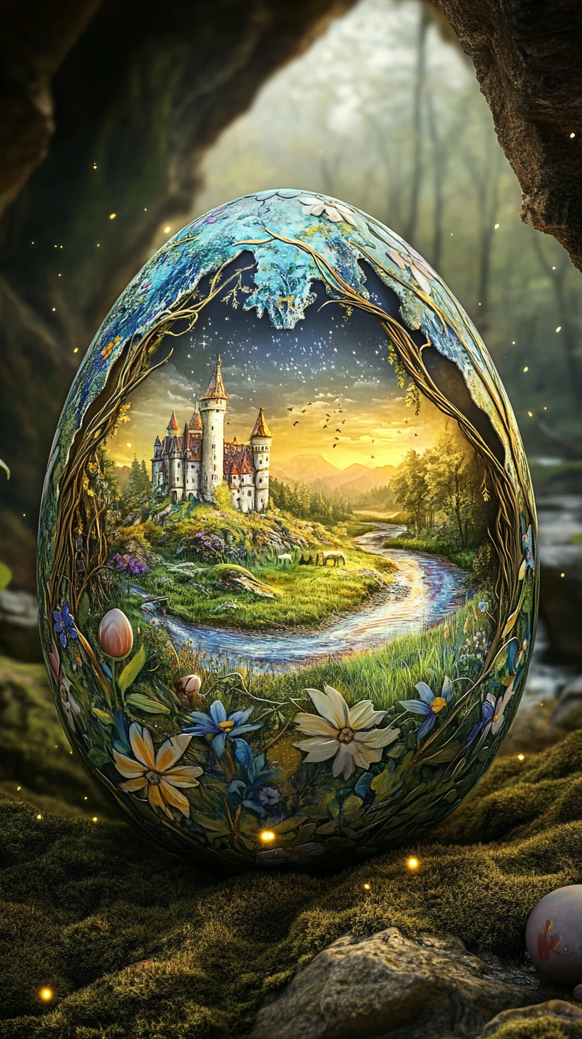 Uovo di Pasqua rotto che rivela un minuscolo mondo di castello fantasy
