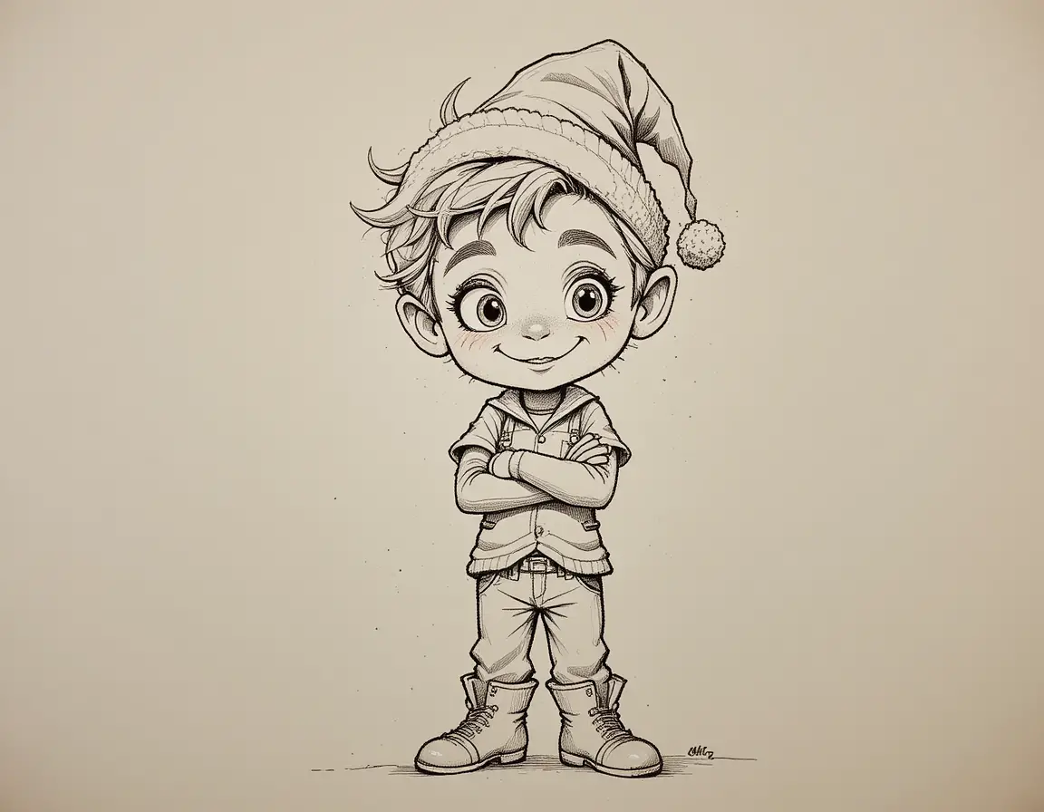 Adorable duende de dibujos animados con atuendo festivo y pose segura