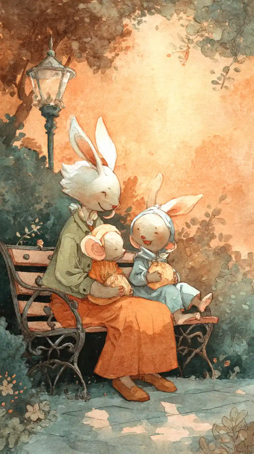 Easter rabbit family on a bench at home at sunset