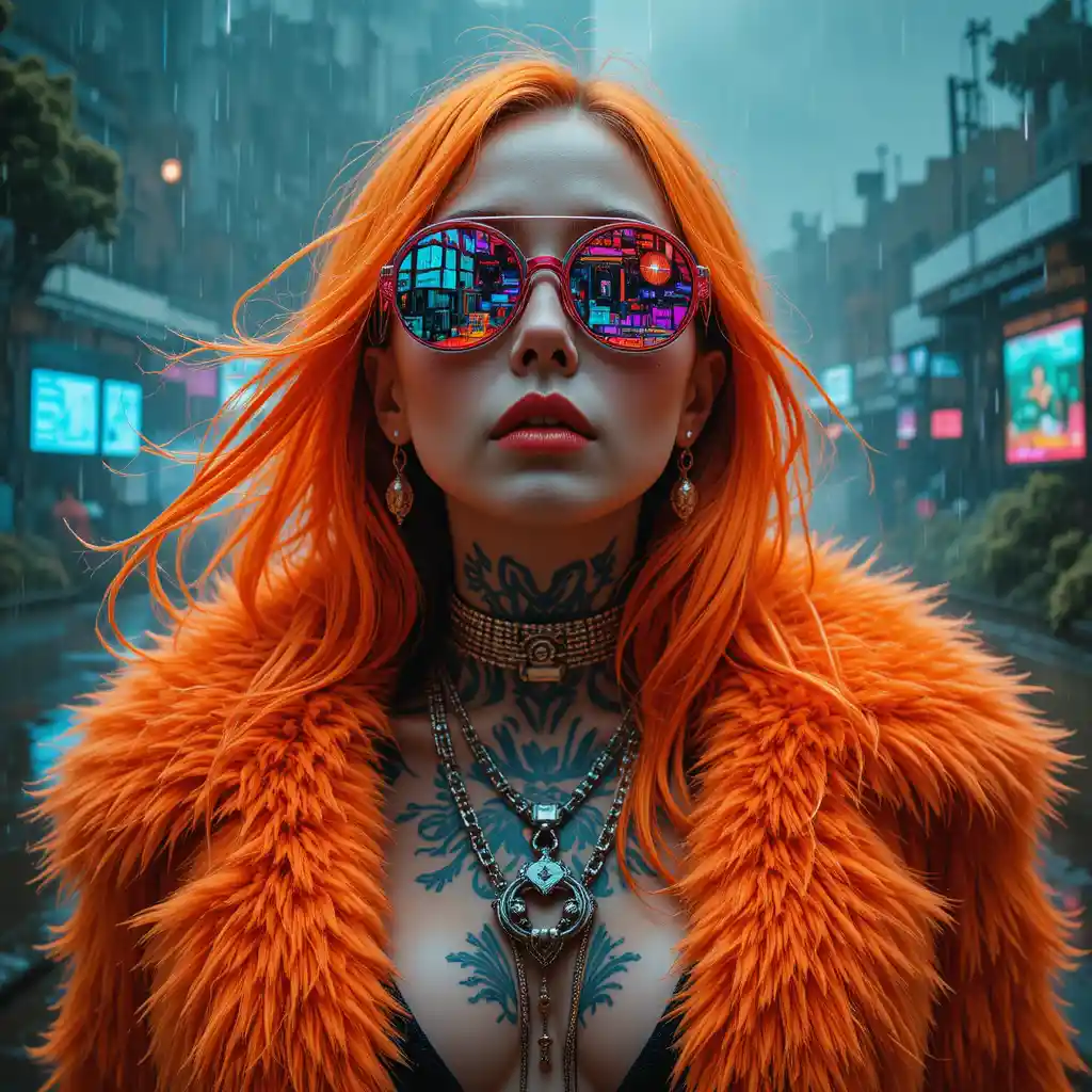 Glitch art portrait of a woman in neon fur coat