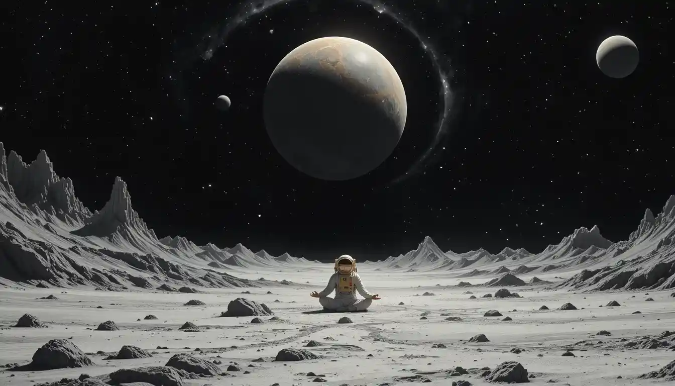 Astronaut Meditating In A Peaceful Alien Zen Landscape