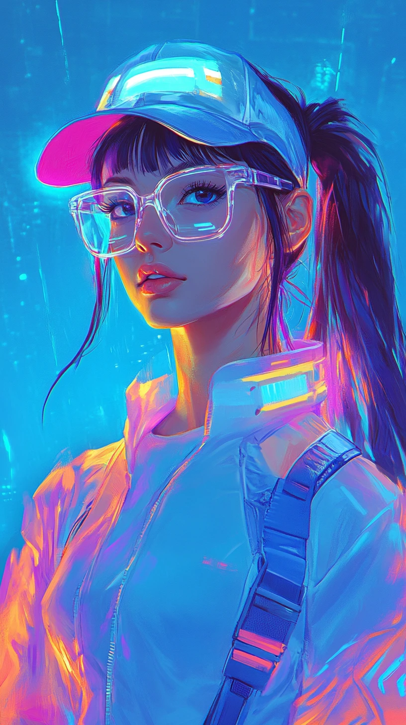 Energetic girl in neon blue jacket in digital cityscape