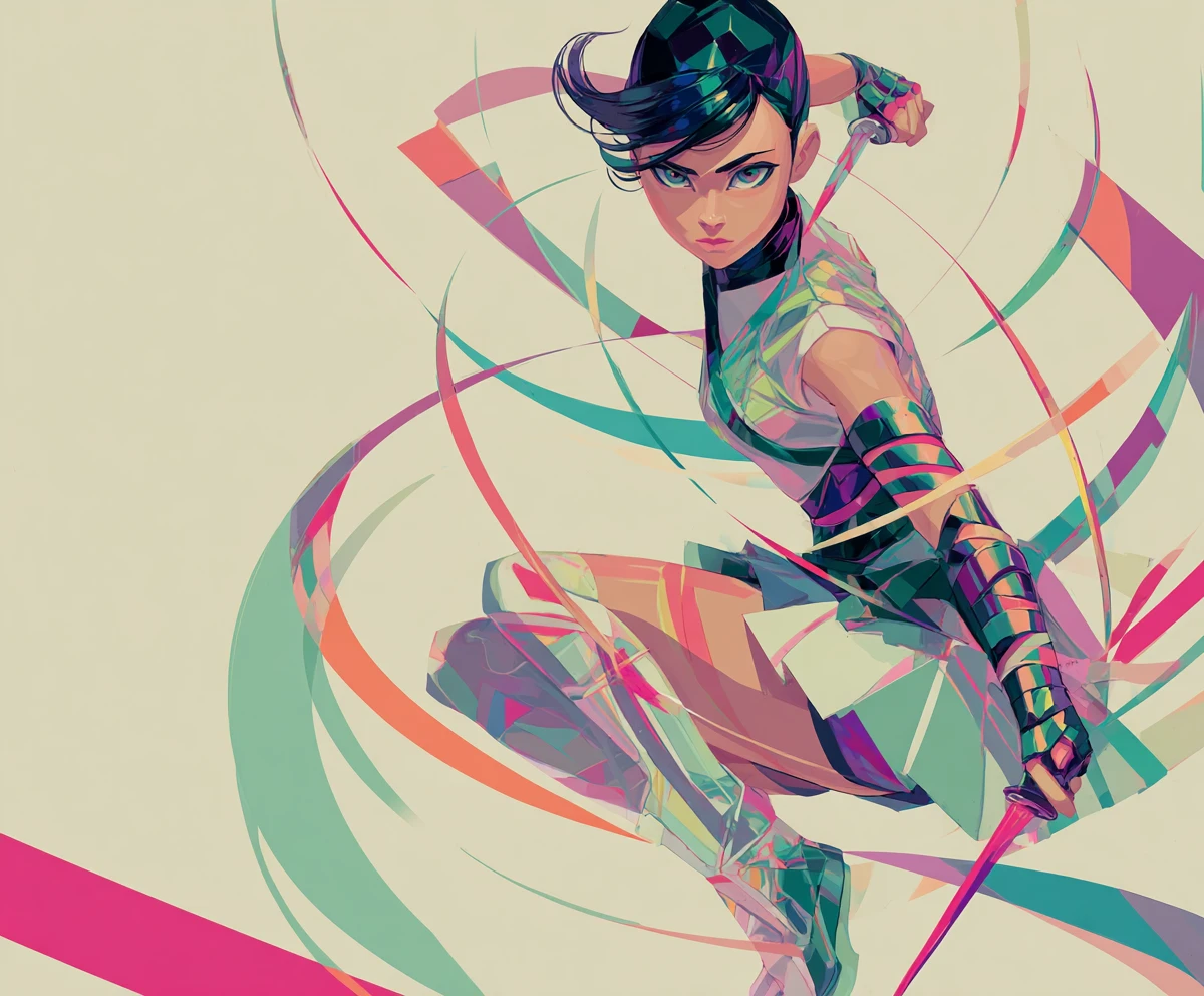 Anime warrior girl kneeling in dynamic combat pose