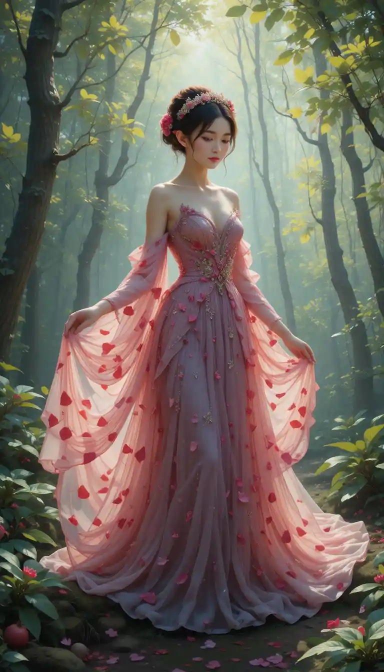 Elfenmaid im Granatapfelblütenkleid im Licht des Waldes