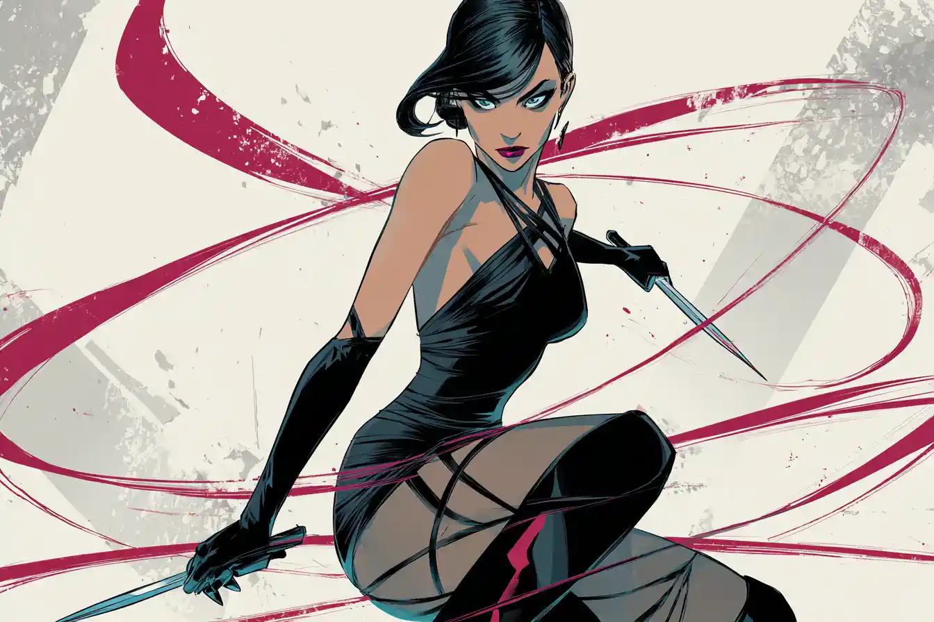Fierce woman in combat pose with glowing eyes and daggers