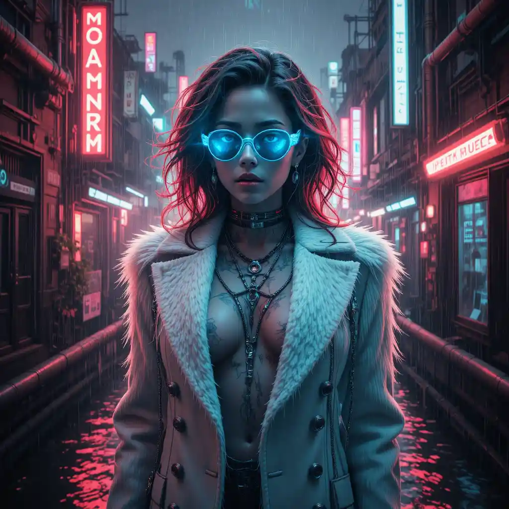 Femme fatale cyberpunk in primo piano monocromatico sotto la pioggia