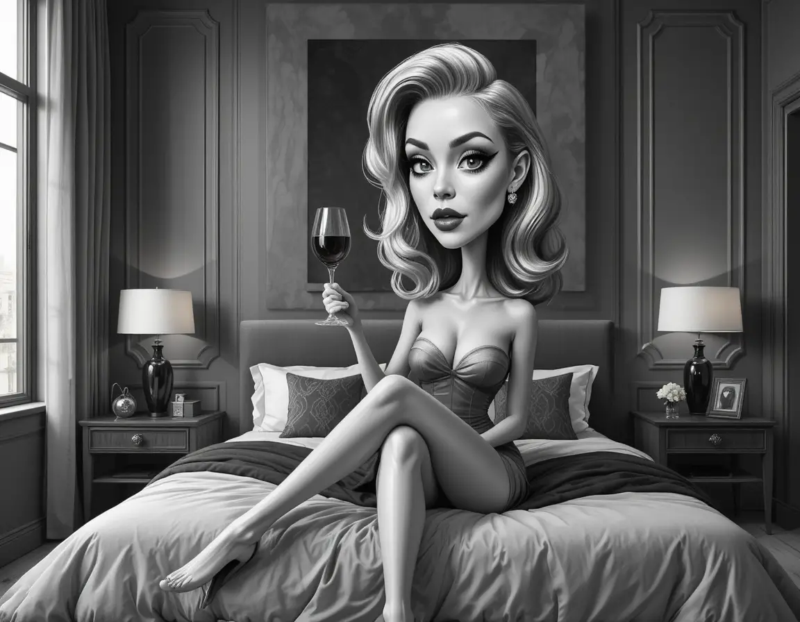 Donna sensuale in bianco e nero in camera da letto moderna