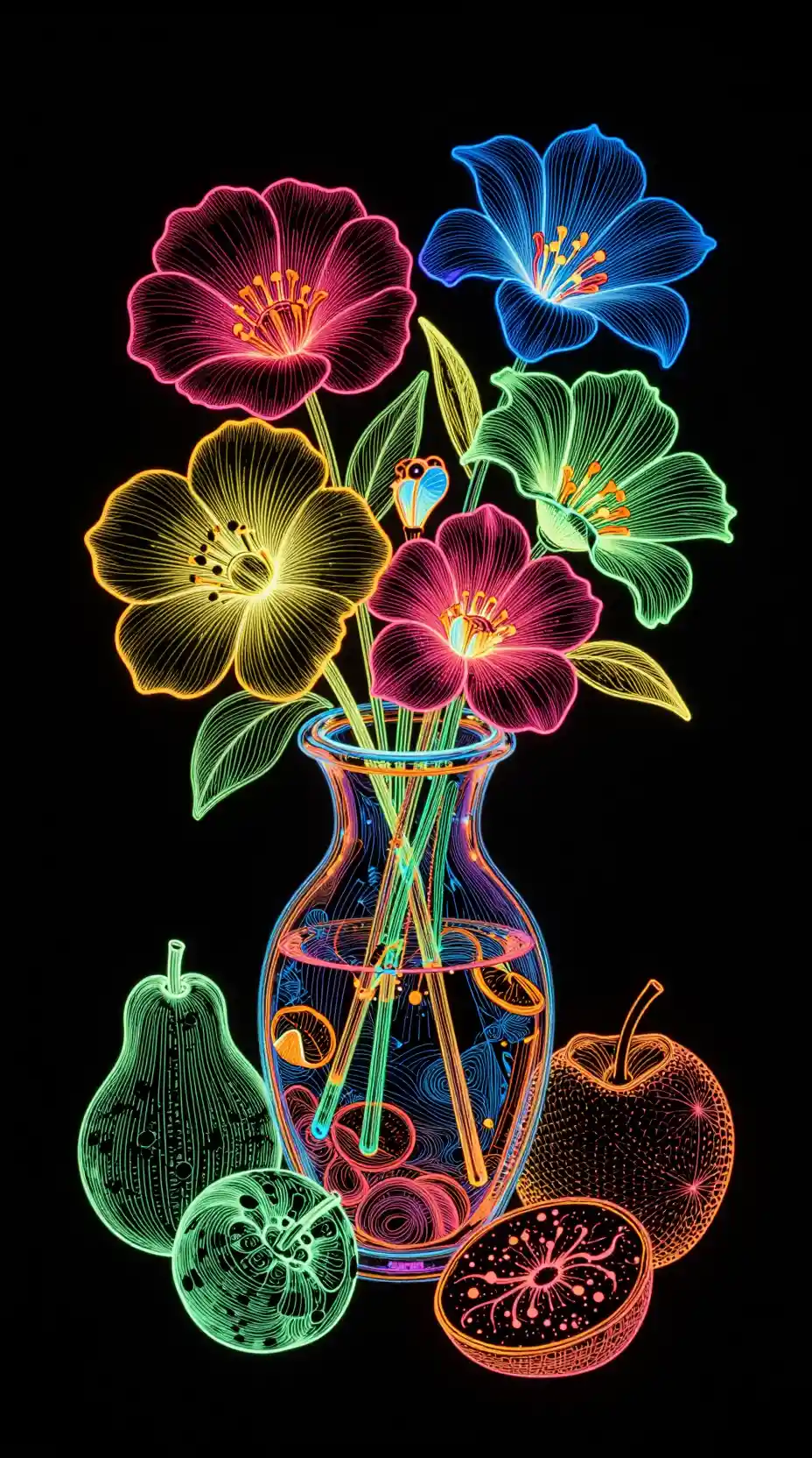 Natura morta fluorescente di fiori e frutta in un’unica linea