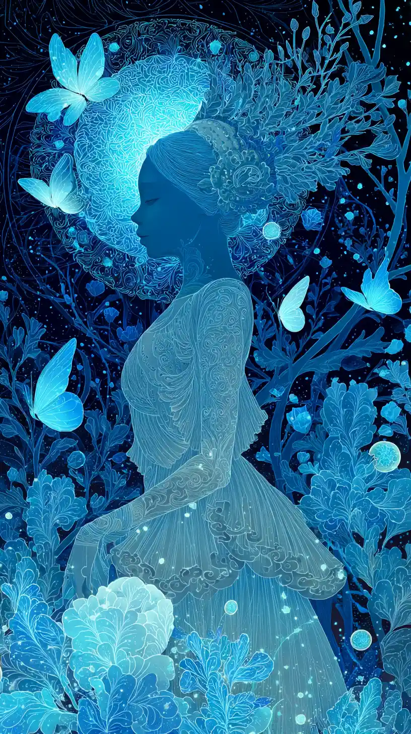 Ethereal crowned woman in blue with luminous butterflies