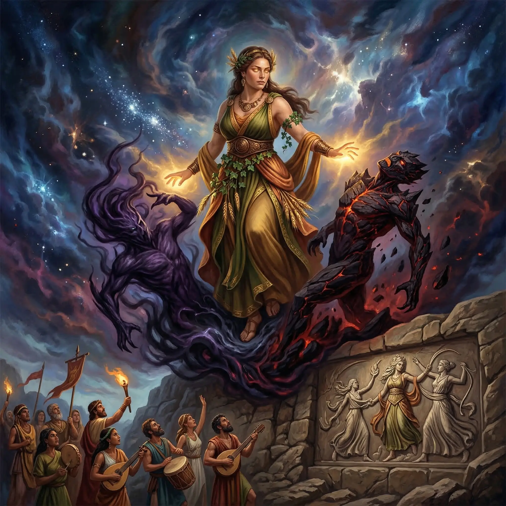 Powerful ageless goddess standing ready in a mythic cosmic scene