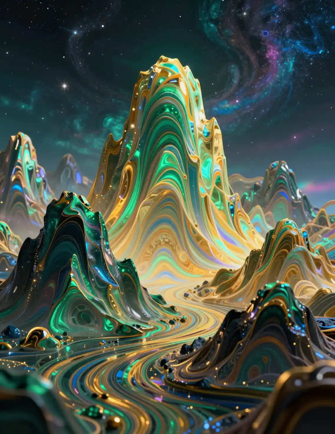 Montagne olografiche che si innalzano in un radioso nexus di nebulose