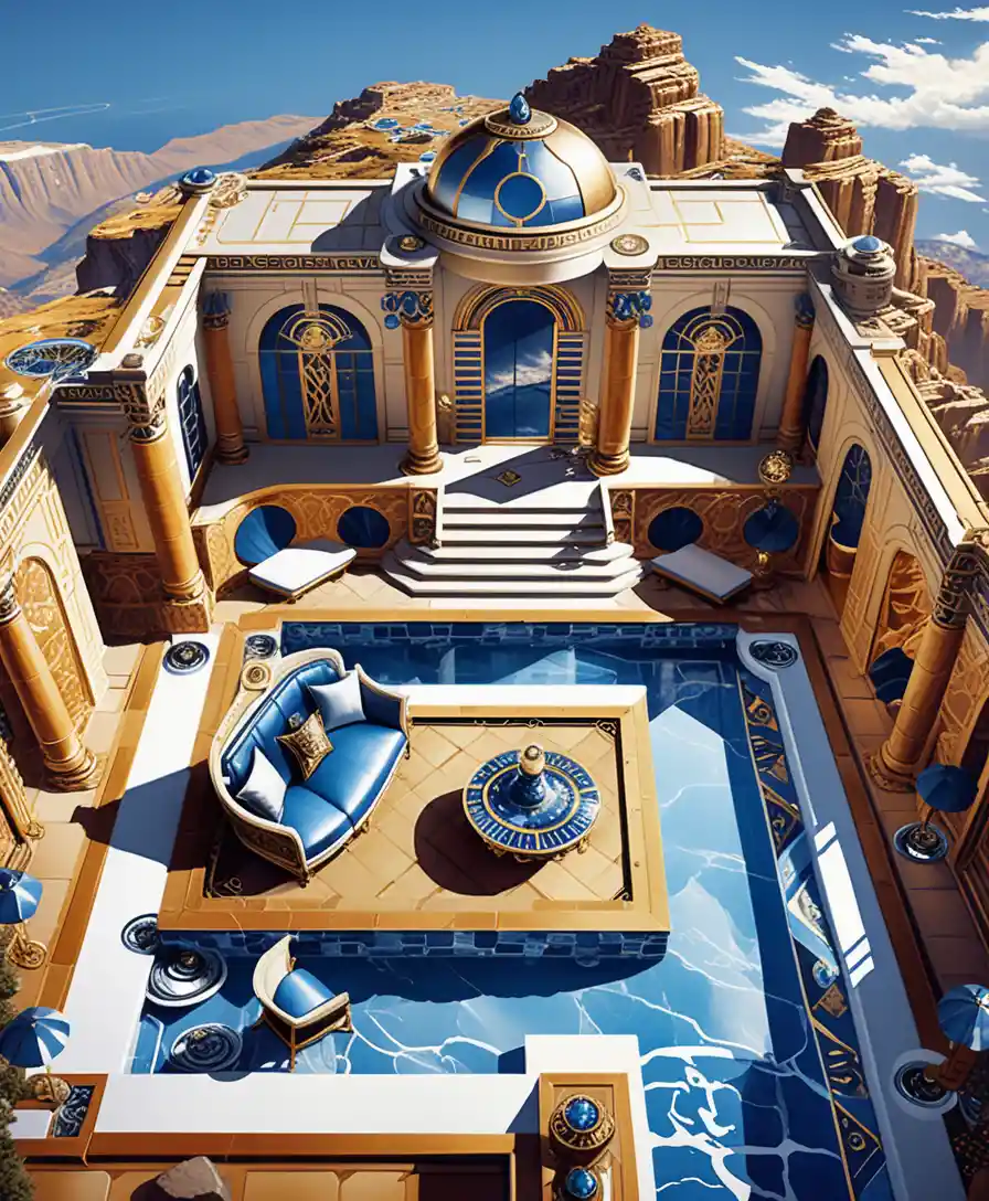 Isometric luxury villa interior in a serene mountain landscape