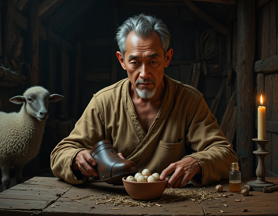 Solemn middle aged man at rustic table by candlelight