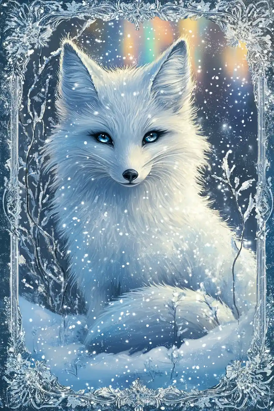 Elegant arctic fox diva beneath glowing northern lights