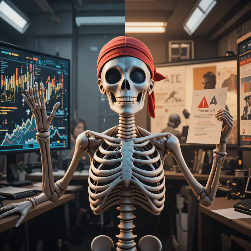 Panicked skeleton influencer contrasted with growing worker success