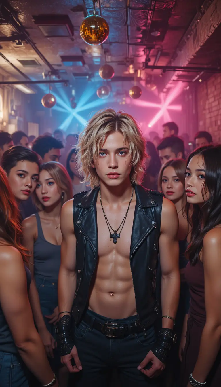 Joven en una fiesta en el sótano con luces de discoteca parpadeando