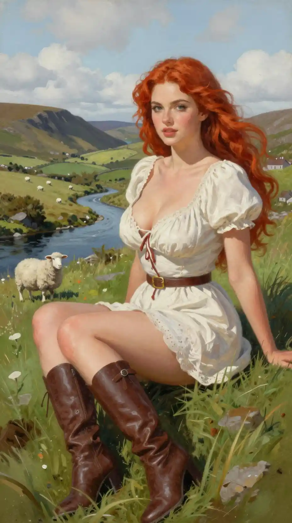 Donna dai capelli rossi in abito contadino tra le colline irlandesi