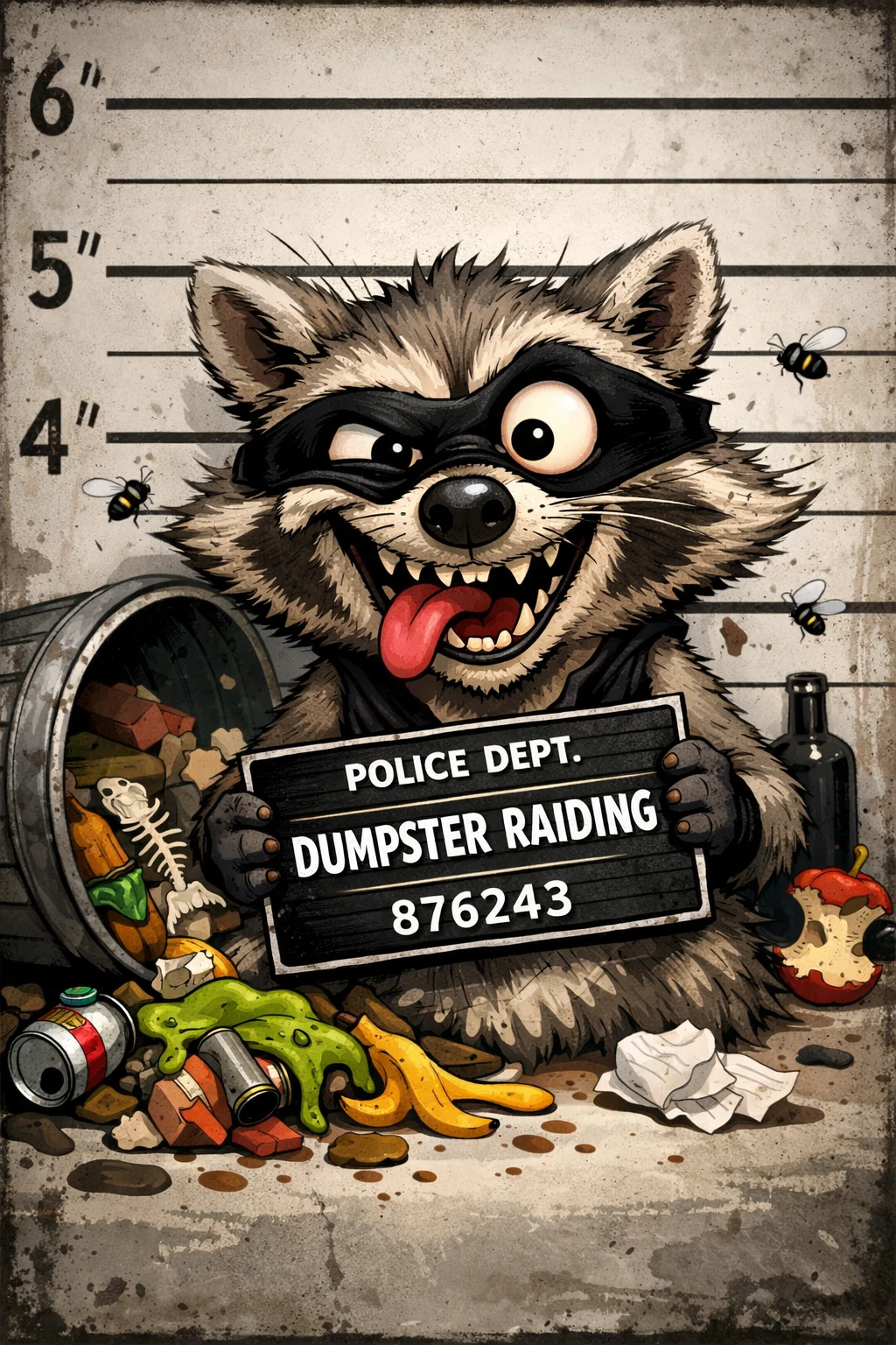 Cartoon raccoon thief mugshot with chaotic expression and props
