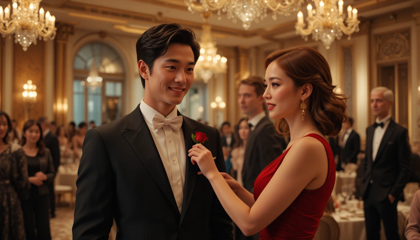 Professor pinning red rose on young man in hotel ballroom