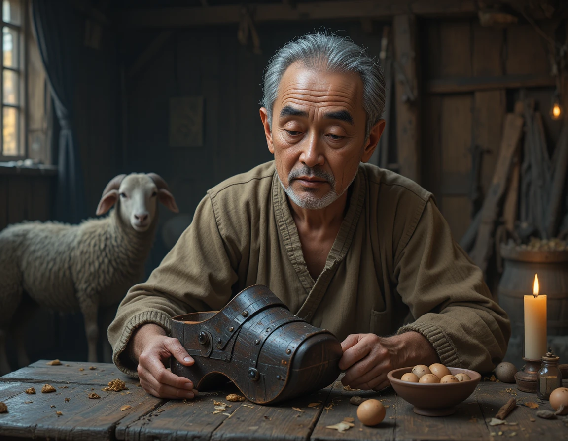Somber middle aged man studying a wooden clog by candlelight