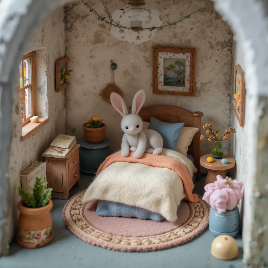 Cozy miniature felt bedroom with tiny bed and rug
