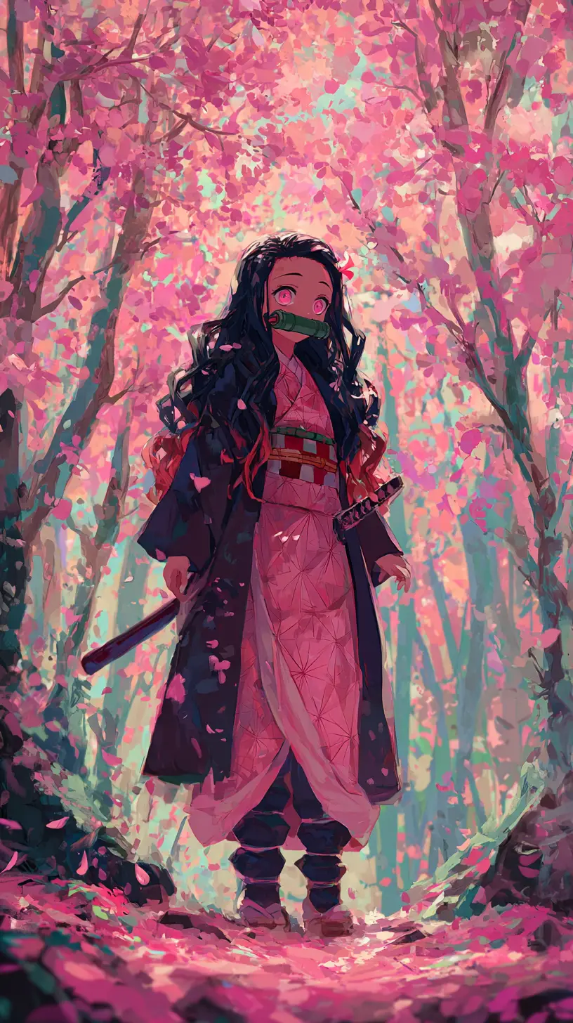 Ragazza anime con katana in una foresta di ciliegi in fiore