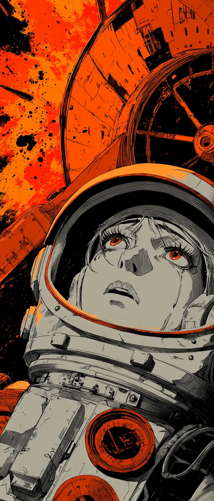 Anime pilot collapsing against failing rocket control panel