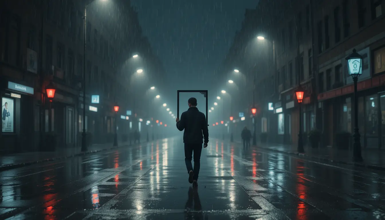 Lonely figure walking in rain on an empty city street