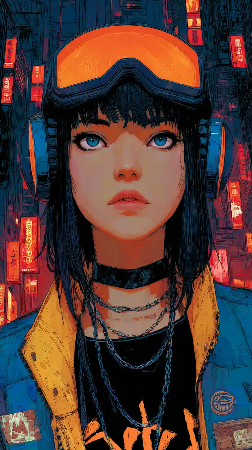 Cyberpunk anime girl in neon city street portrait
