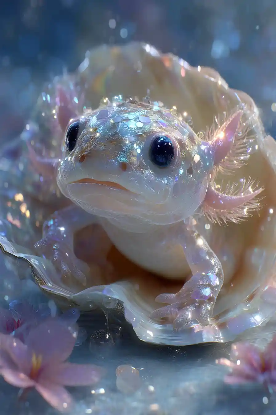 Cute newborn fantasy creature emerging from seashells