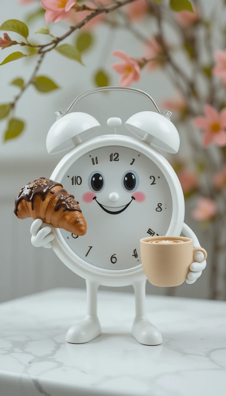 Despertador em desenho animado segurando croissant e latte no jardim