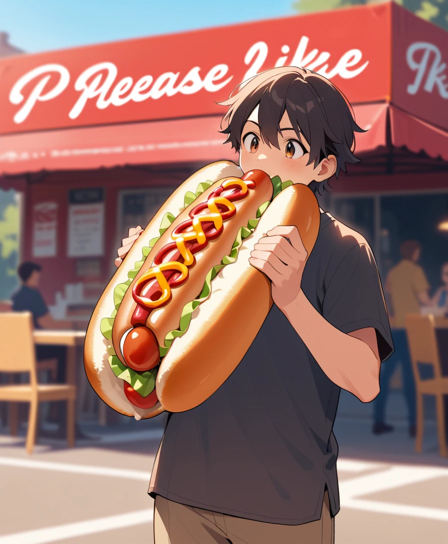 Cartoon hot dog holding a cardboard sign in blurry background