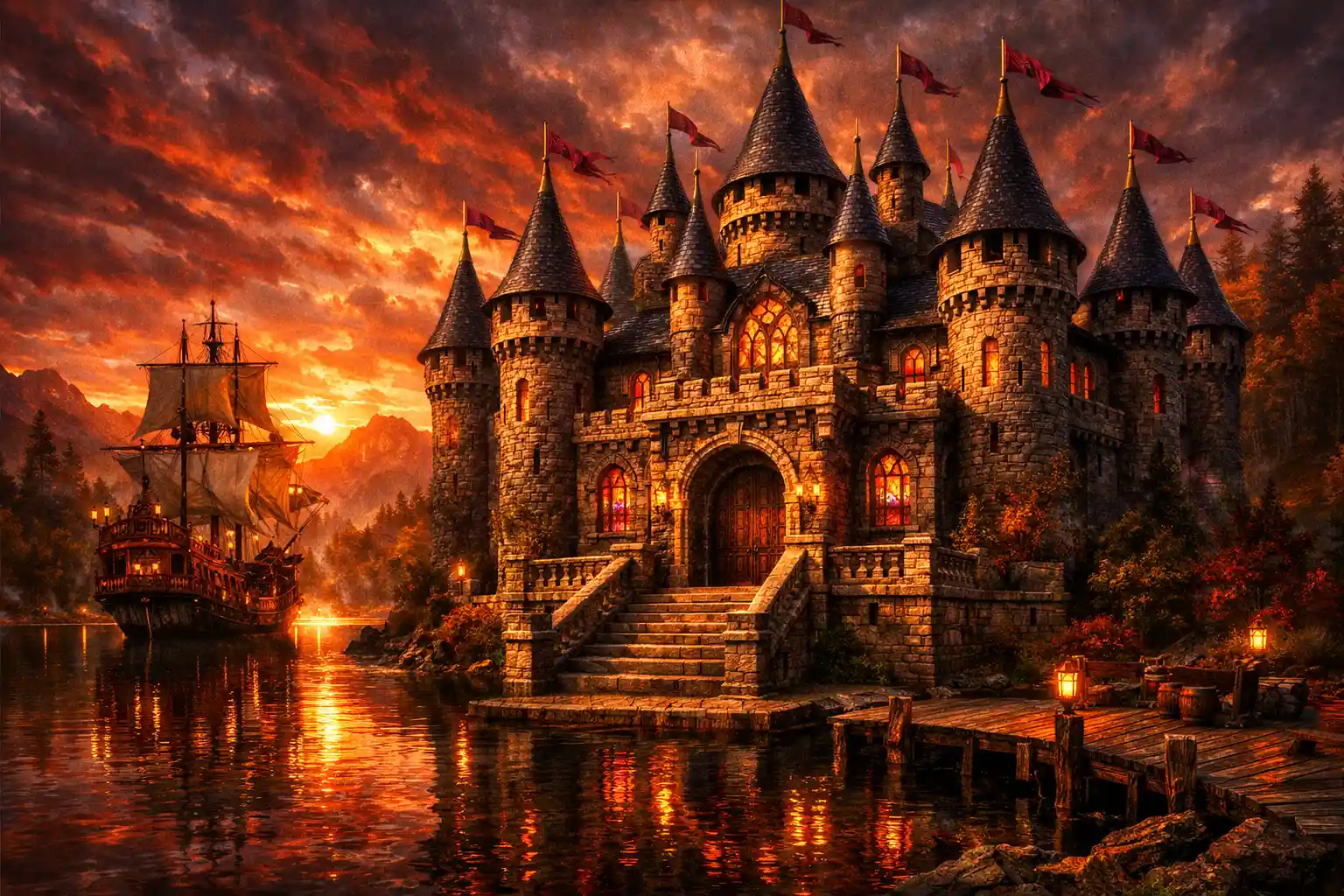 Surreal stone castle by a forest lake at sunset