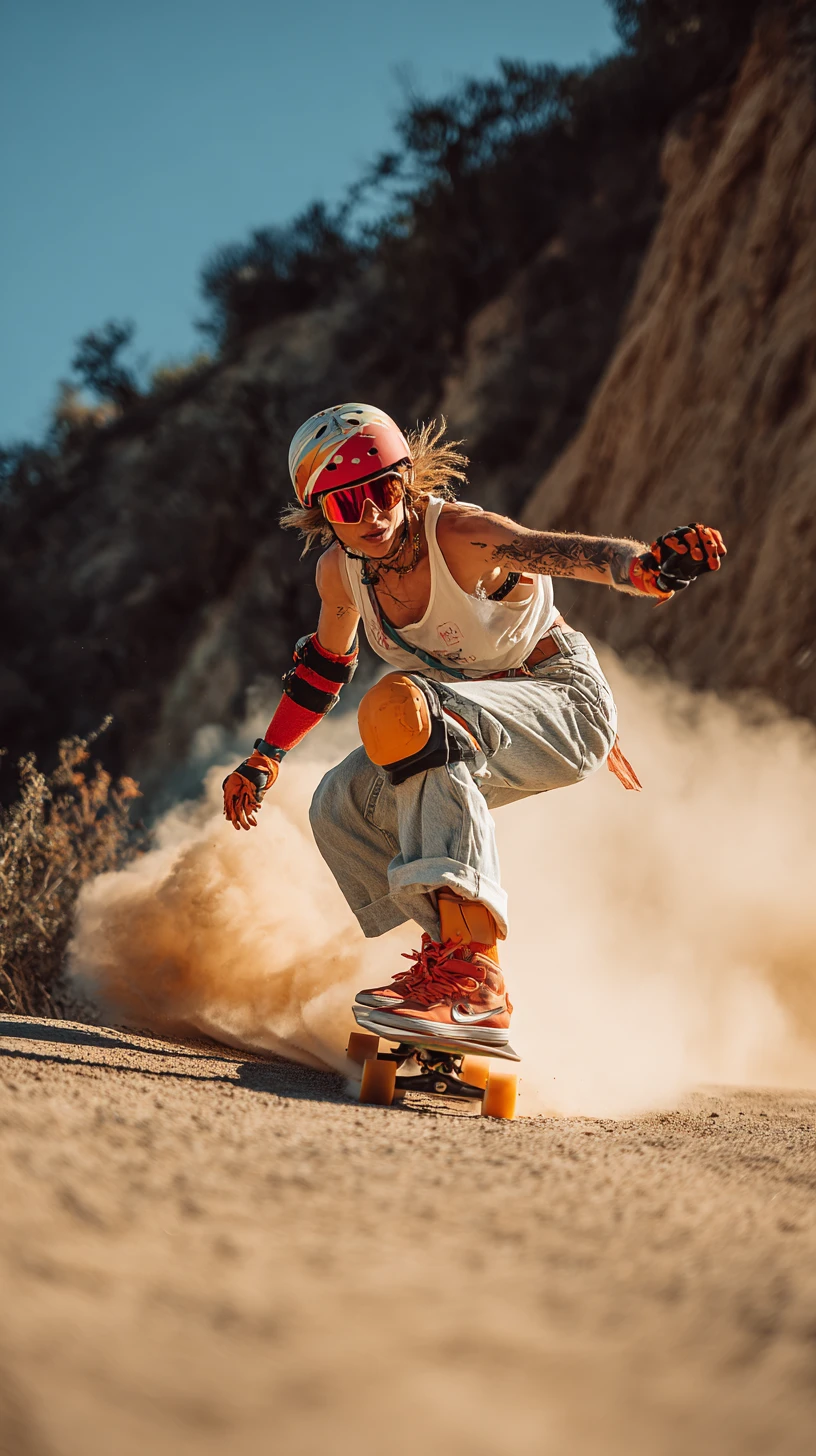 Skateboarder rast eine raue Bergschlucht-Piste hinab