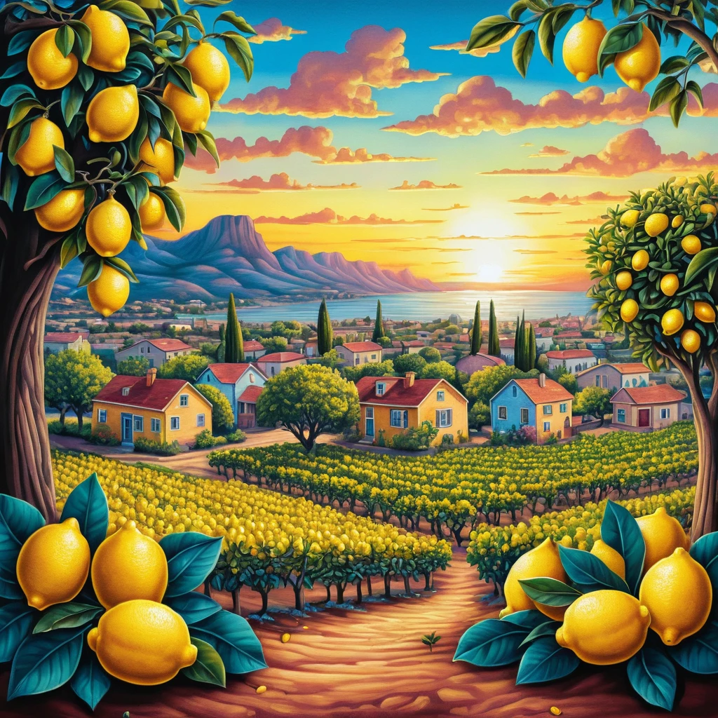 Colorful lemon grove town at sunset in cartoon drawing
