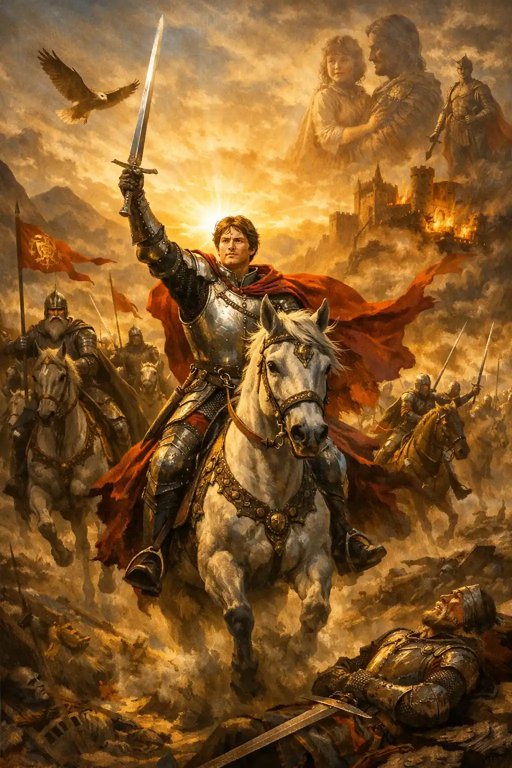 Young warrior rides toward a heroic dawn battlefield